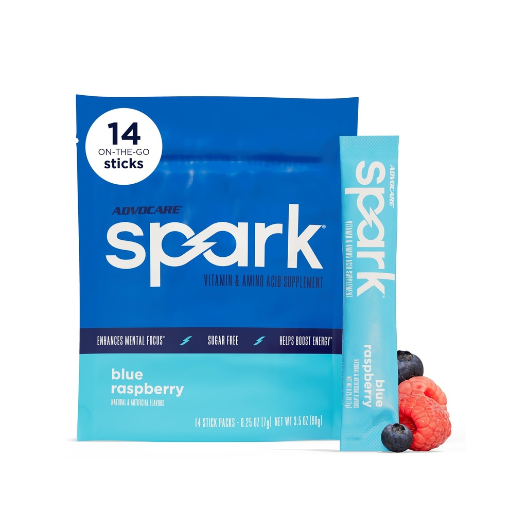 AdvoCare Spark - Energetic Drink Mix - Vitamina & Amino Acid Supplement - Supports Energy & Focus* - Portable Immune Support* - Sugar-Free - Blue Raspberry, 14 Stick Packs (3.5 oz)