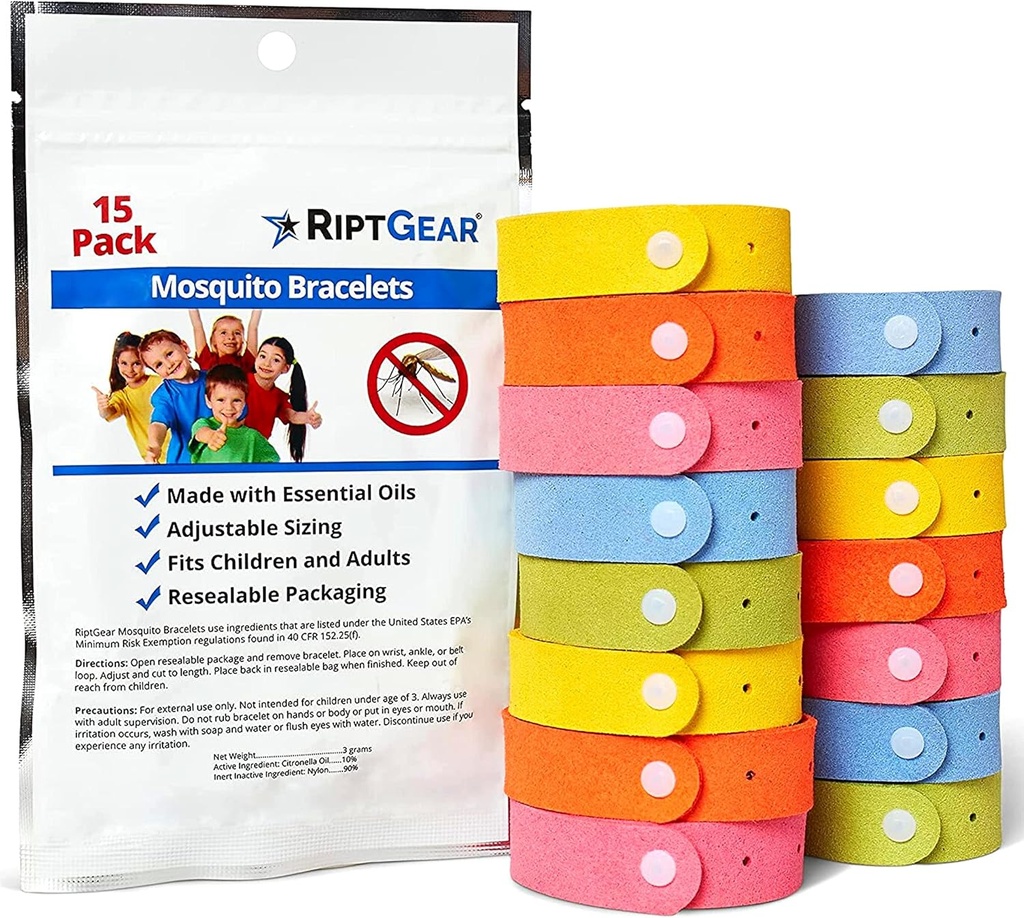 RiptGear brățară țânțari - 15 Pachet de brățări țânțari pentru copii și adulți, brățară insectă, bandă de caractere Citronella - Brățară de țânțari Deet gratuit, accesorii de camping