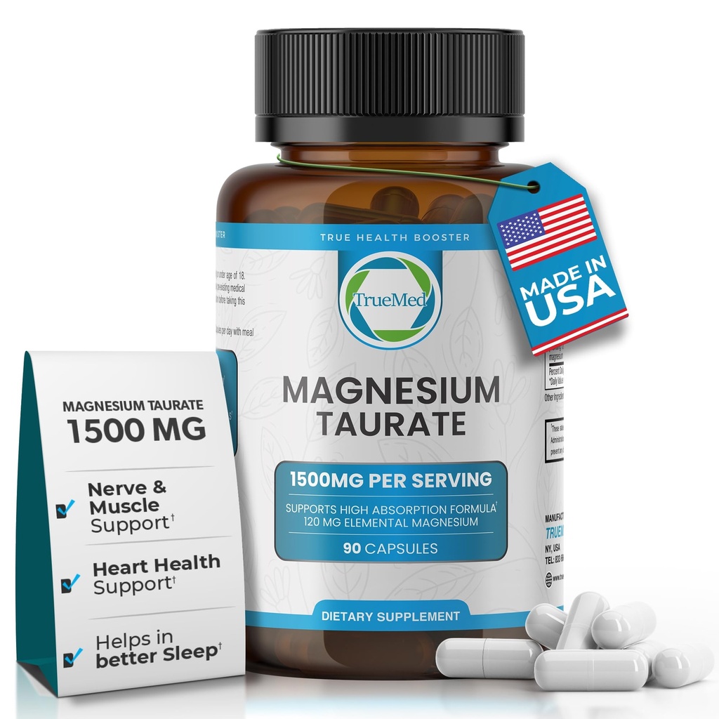 Natural Magneziu Taurate Supliment 1500 mg cu 90 capsule - 30 zile Aprovizionare pentru Sleep Support, Heart Health, Relaxare, tensiune arterială și energie Boost