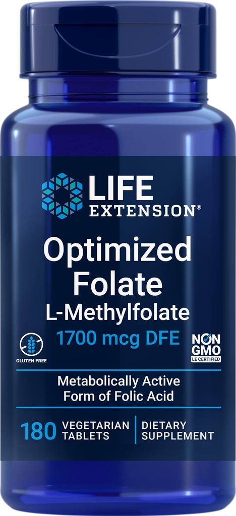 Extensie de viaţă Folat optimizat (L-metilfolat) 1700 mcg DFE, 180 Veg comprimate