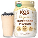 KOS Vegan Praf de proteine Erythritol Gratuit, Vanilla USDA Organic - Pea Proteine Blend, Pe bază de plante Superfood bogat în vitamine și minerale - Keto, lactate gratuit - Înlocuire masă pentru femei și bărbați, 28 Serviri