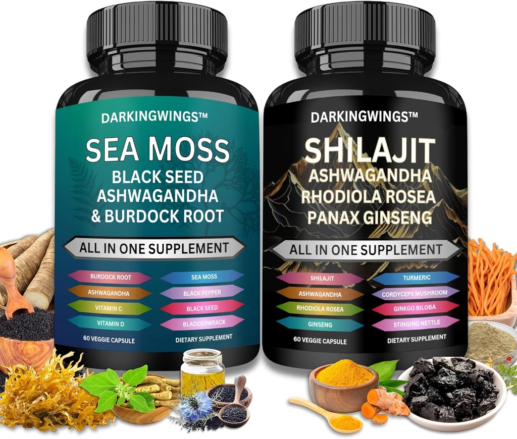 Shilajit si muschi de mare combo -Sea Moss 3000mg, Black Seed Oil 2000mg, Ashwagandha 2000mg, Shilaj 9000mg, Rhodiola Rosea1000mg,Panax Ginseng1500mg 