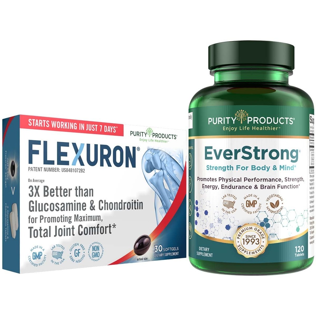 Produse de puritate Bundle - Flexuron Joint Formula + EverStrong Tablets - Flexuron - Krill Oil, Acid hialuronic + Astaxanthin - EverStrong- Muscle Matrix Blend w/Creatine, extract de fructe de cafea + More