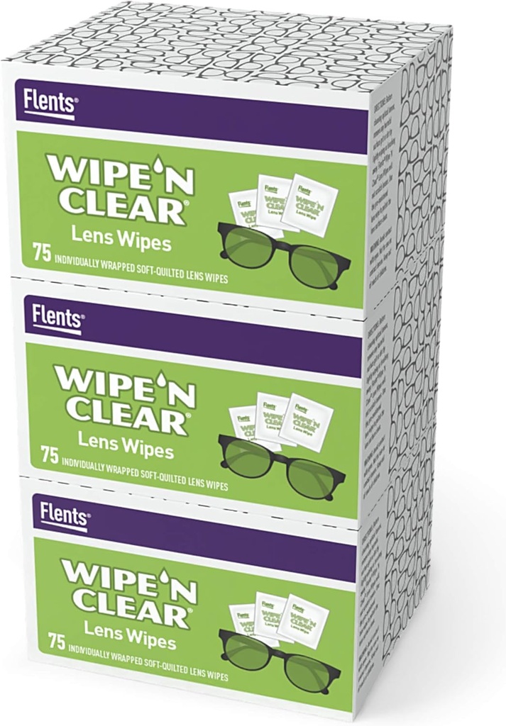Flents Eyeglass Cleaner Lens Wipes - 225 Count (3 cutii de 75) Înfăşurate individual haine de curăţare pre-Moistened anti-Streak pentru ochelari de vedere, ochelari de soare, ecrane de telefon, Monitore de calculator