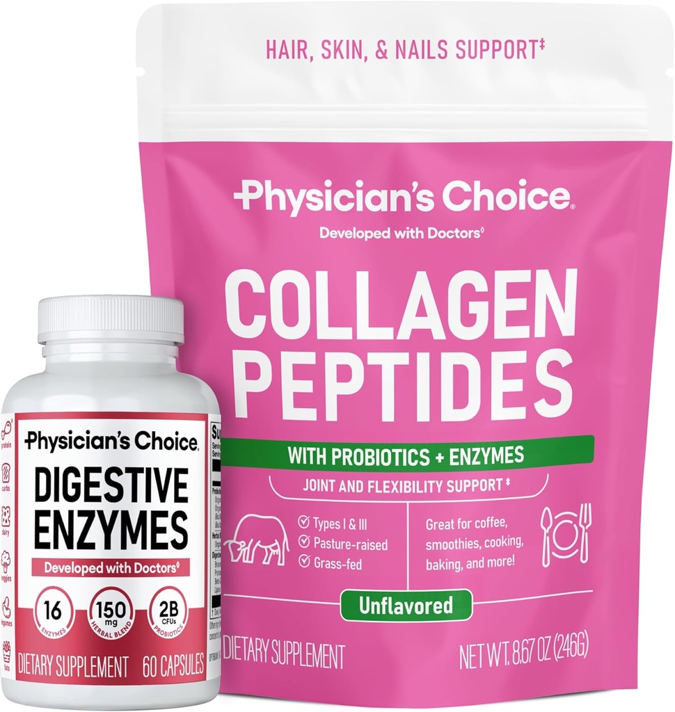 Physician's CHOICE - Full Gut Health Bundle: Collagen Peptides Powder + Digestive Enzymes 60ct for Digestive Comfort, Workout Recovery, & Skin, Nails, and Joint Support