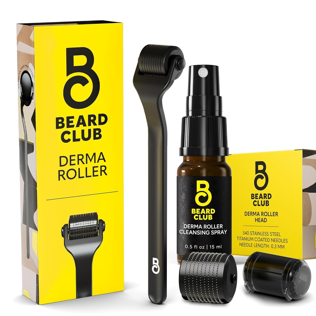 Clubul Barbă Derma Roller, Spray de curățare și de înlocuire cap - Roller barbă cu Spray de curățare și cap de înlocuire