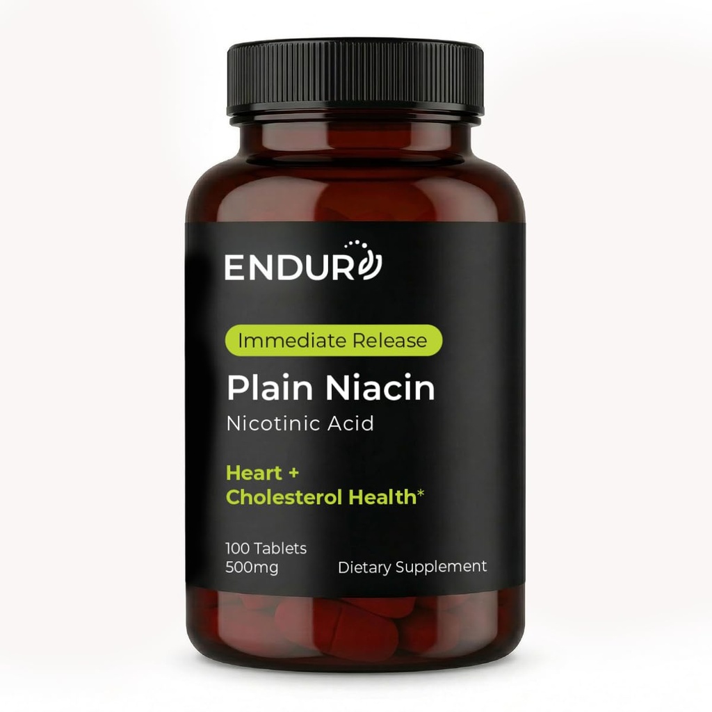 Endur Plain Niacin (acid nicotinic), Heart Health & Healthy Cholesterol Balance Supplement, Formula imediat-Release, Gluten Free, 500 mg (100 comprimate)