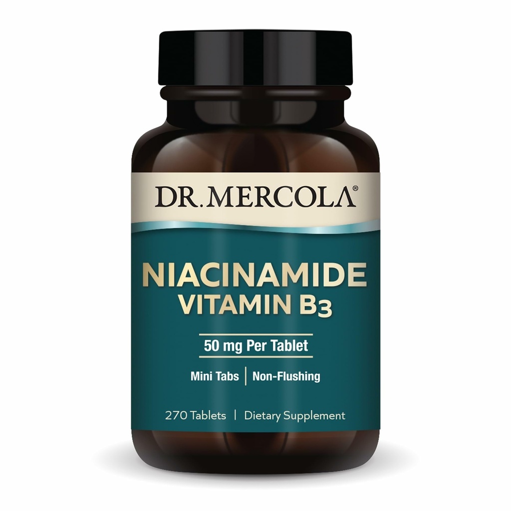 Dr. Mercola Niacinamidă Vitamina B3-50 mg per comprimat - Susţine sănătatea metabolică - non-Flushing - Mini Tabs - Non-GMO, Gluten-Free & Soy-Free - 270 Serviri (270 comprimate)