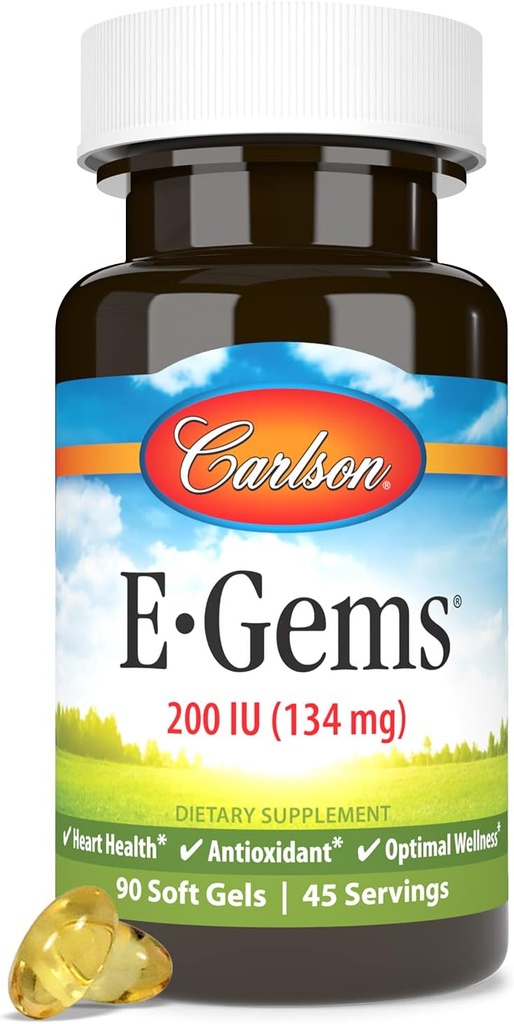 Carlson E-Gems 200 UI (134 mg), Natural-Source Vitamina E, Optimal Wellness, 90 Soft Gels