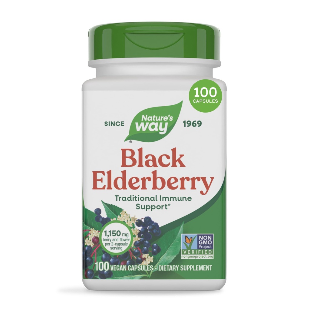 Natura's Way Black Elderberry Capsules, Suport Traditional Immune* Supliment cu Elderberry and Elderflower, Plant Powered, 100 Capsule (Packing May Vary)