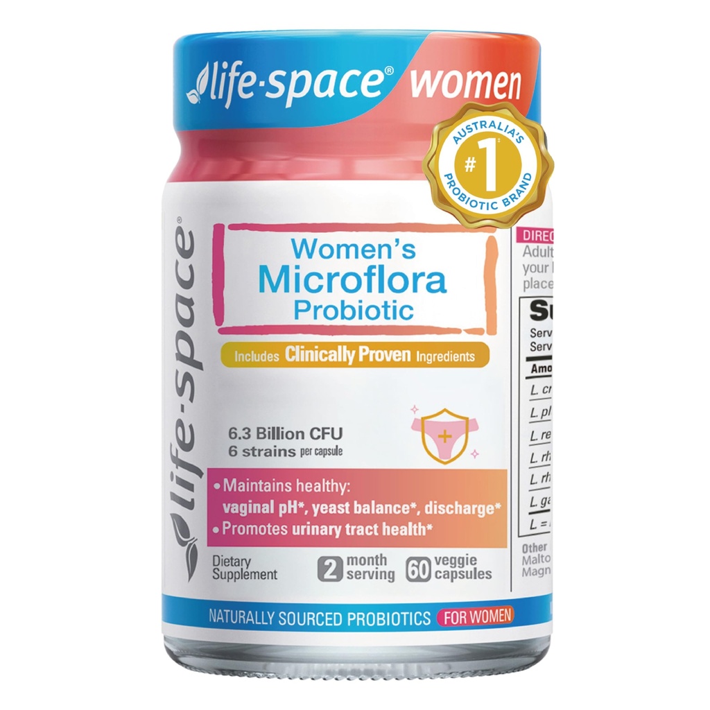 Probiotic Life-Space pentru femei, 2 Luna de servire, Suport Sanatos Vaginal Microflora & Comfort, Supliment zilnic pentru femei, Balanţa pH-ului cu Lactobacillus rhamnosus, 6.3 Miliarde CFU & 6 Tulpini, 60 ct