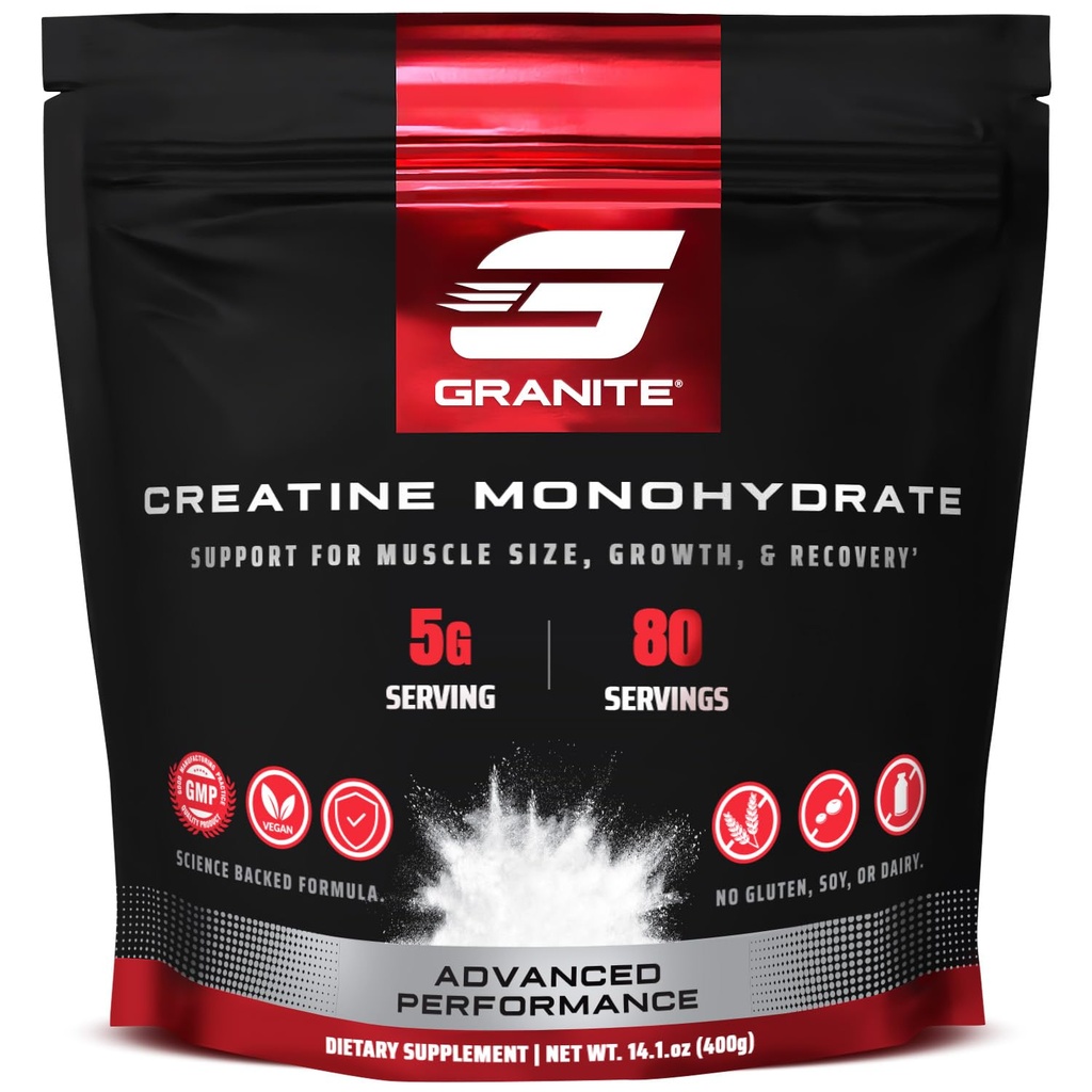 Creatura Granite Monohidrat, Suporturi Putere, Rezistență, Recuperare musculară, Creatură pentru bărbați și femei, Soy-Free, Dairy-Free, Gluten-Free (80 Serviri)