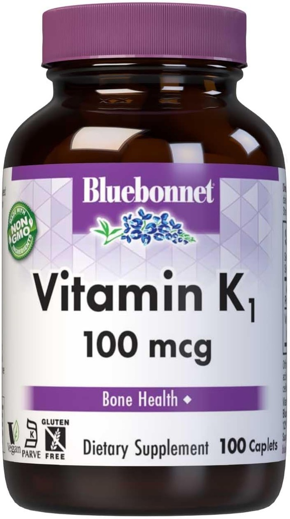 Bluebonnet Vitamina K1 100 mcg susține sănătatea osoasă - Phylochinone Crystalline Vitamina K Supliment - non-GMO, Kosher Certified, Gluten-Free, lactate-Free - 100 Vegan Caplets