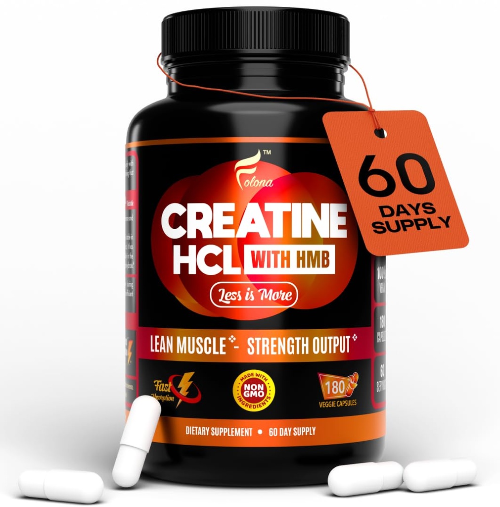 Capsule HCL Creatine cu HMB - Supliment de antrenament pentru bărbaţi şi femei, Constructor de muşchi, Rezistenţă, Putere, Superior monohidrat: Instantat pentru absorbţie maximă, fără sarcină, fără balonare, 180 capsule Vegan