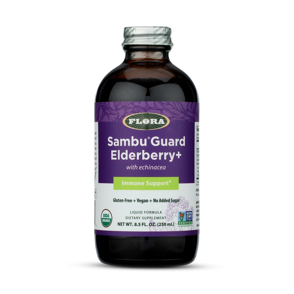 Flora Organic Black Elderberry Syrup + 8.5oz - Immune Booster cu Echinaceae, pentru copii și adulți, fără adaos de zahăr, Gluten gratuit, Vegan, SambuGuard