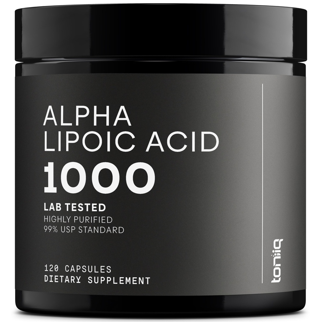 Toniiq 1000 mg capsule cu acid lipoic cu concentraţie foarte mare Alpha - înalt purificat 99% + standard USP - 120 capsule Supliment ALA