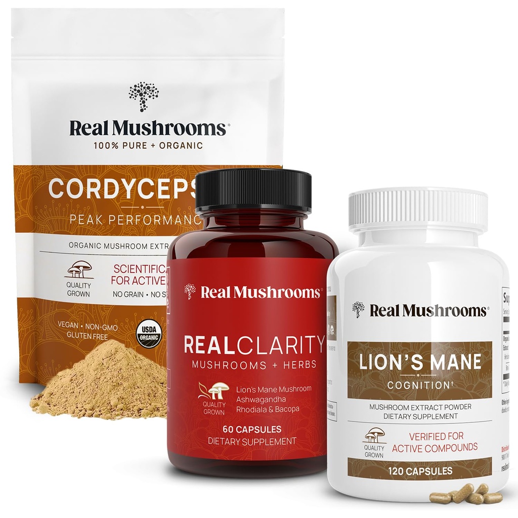 Ciuperci reale RealClarity (60ct) & Lions Mane (120ct) Capsule w/Cordyceps Powder Bundle - supliment de ciuperci pentru Claritatea mentala, Focus, Cognition, Energy & Vitality - Vegan, Non-GMO