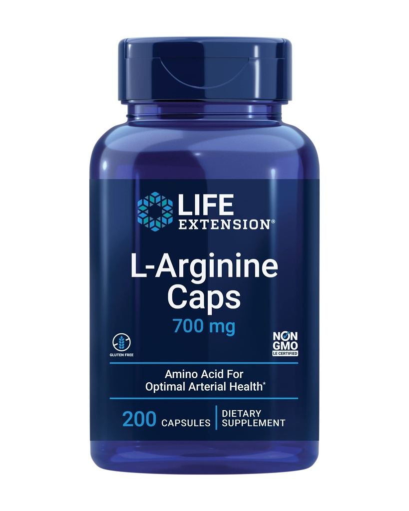Extensie de viaţă L-Arginine Caps, 700 mg, Vitamina C & Amino Acid pentru sănătatea arterială optimă, susţine inima şi sănătatea imună, ţesut sănătos şi oase, gluten gratuit, non-GMO, 200 capsule