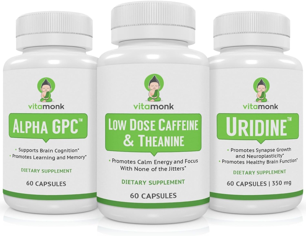 VitaMonk Brain Boost Bundle - Alpha GPC, Uridină, și cafeina cu doze mici + L-Theanine Duo