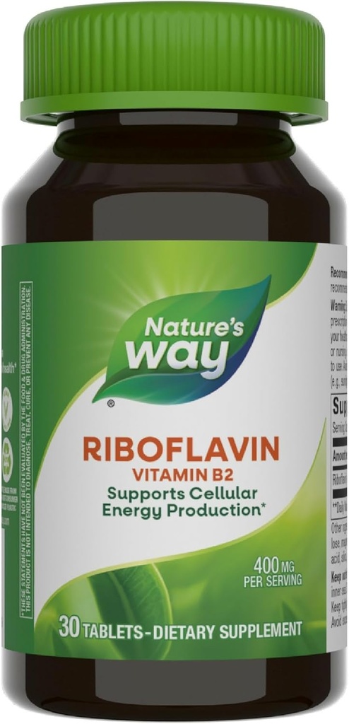 Natura's Way Riboflavin Vitamina B2, susține producția de energie celulară*, Vegan, 30 comprimate (Packaging May Vary)