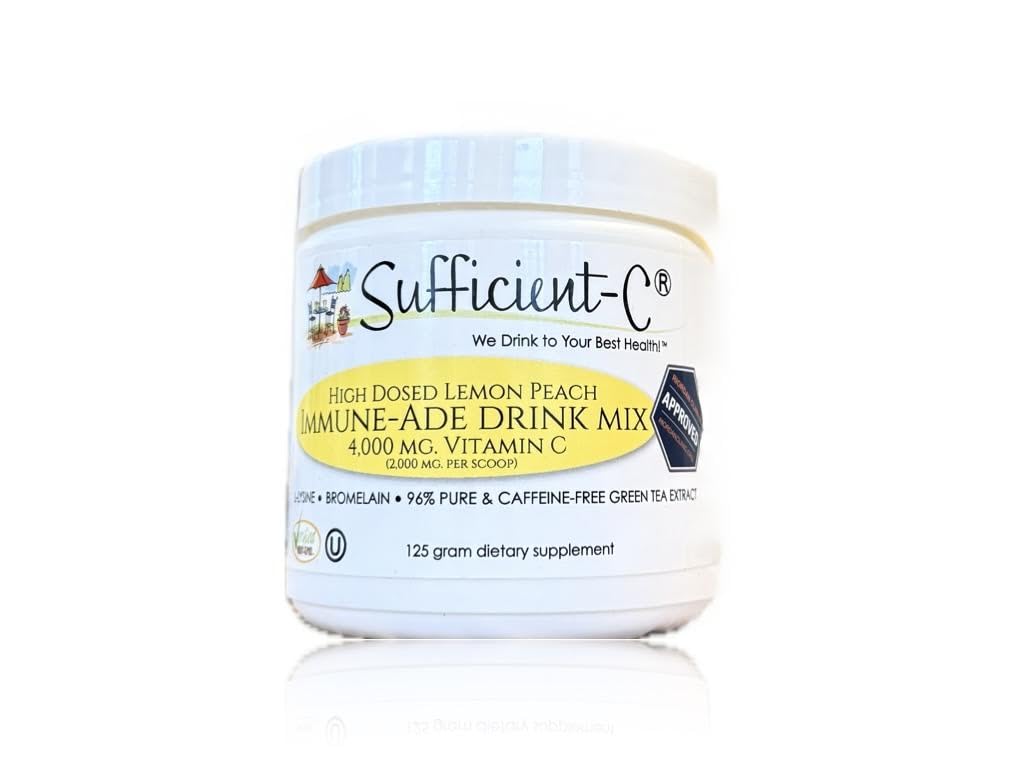 Doză suficient de mare non-GMO Vitamina C Lemon Peach Imun-Ade Drink Mix, Convenabil 125 Gram Dimensiune w/L-lisină, Bromelain & un Premium 96% Ceai verde pur - Stomac prietenos, Adrenal suportiv