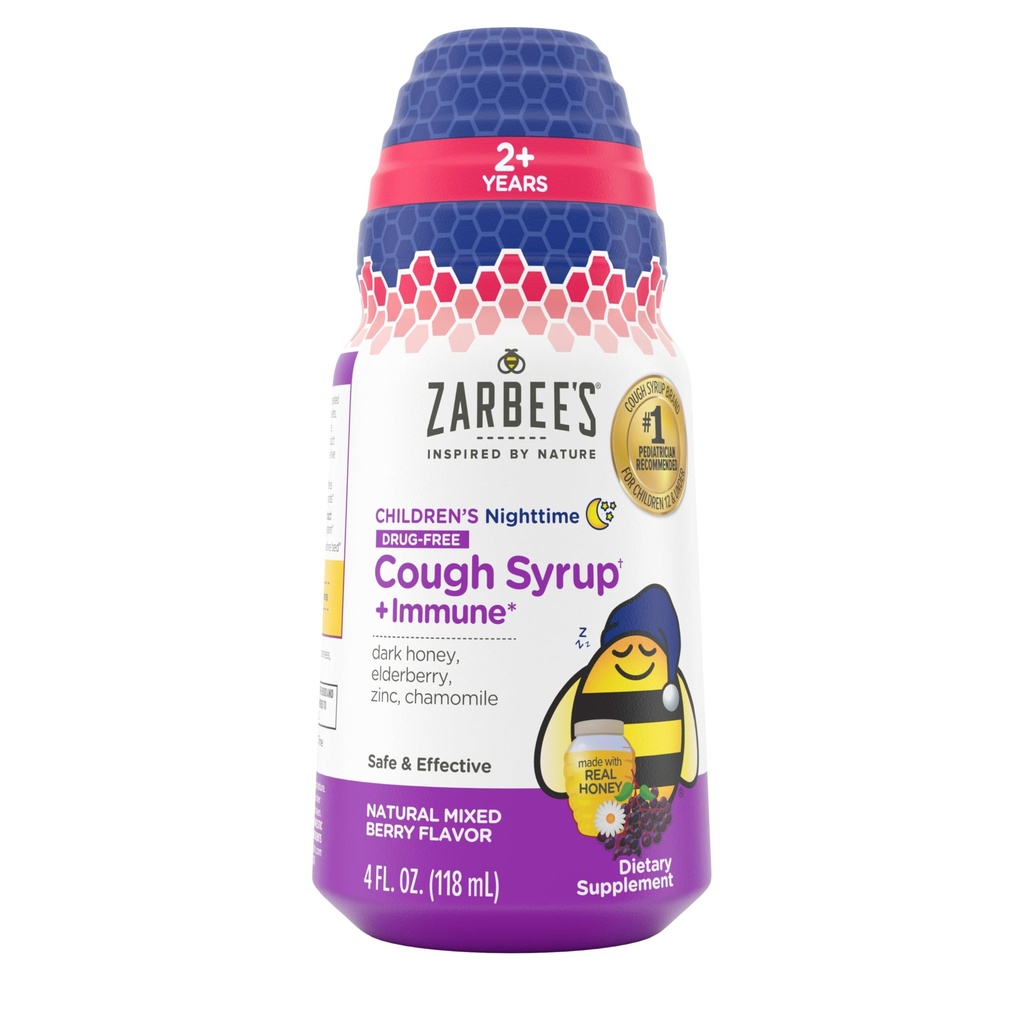 Zarbee's Children's Nighttime Honey Cough Syrup + Immune pentru copii 2+, Cough Syrup cu Soothing Dark Honey, Real Elderberry, Vitamina D & Zinc, & Chamomile, Drug-free, Mixed Berry, 4 fl. oz