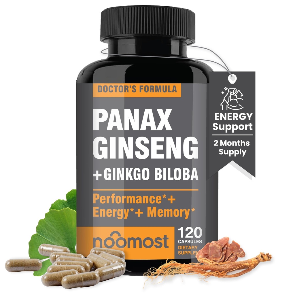NooCele mai autentice Red Panax Ginseng + Ginkgo Biloba, 120 capsule Vegan, Ginseng Root Extract pulbere 1000mg (10% ginsenozide) + Gingko Biloba 60mg, Energie și focus pastile pentru bărbați și femei