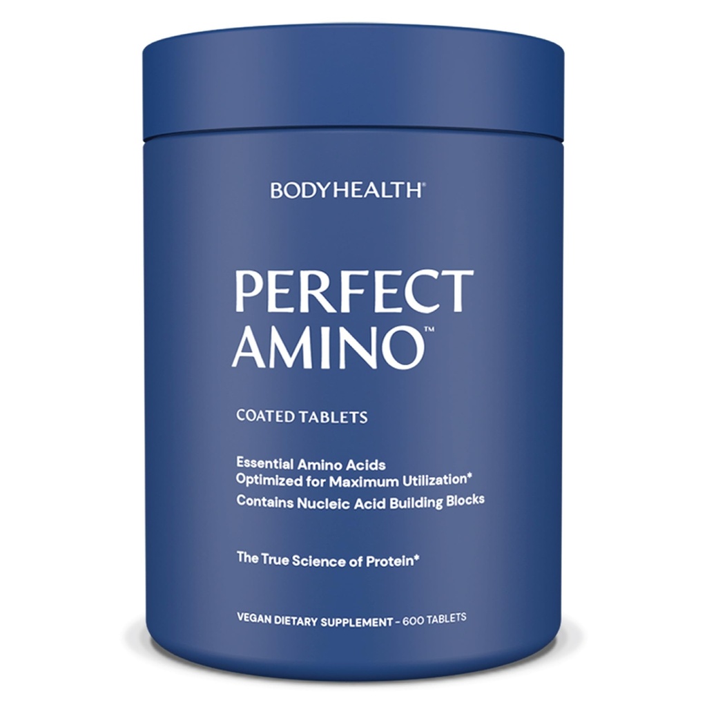 BodyHealth perfect Amino (600 ct) Ușor de înghițit tablete, Aminoacidi esențiali Supliment cu BCAAs, Proteina Vegană pentru Pre/Post Antrenament & Recuperare musculară cu Lysine, Triptofan, Leucine, Metionină