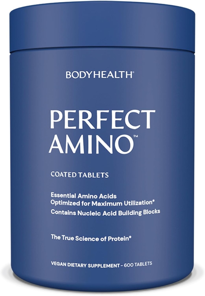 BodyHealth perfect Amino (600 ct) Ușor de înghițit tablete, Aminoacidi esențiali Supliment cu BCAAs, Proteina Vegană pentru Pre/Post Antrenament & Recuperare musculară cu Lysine, Triptofan, Leucine, Metionină
