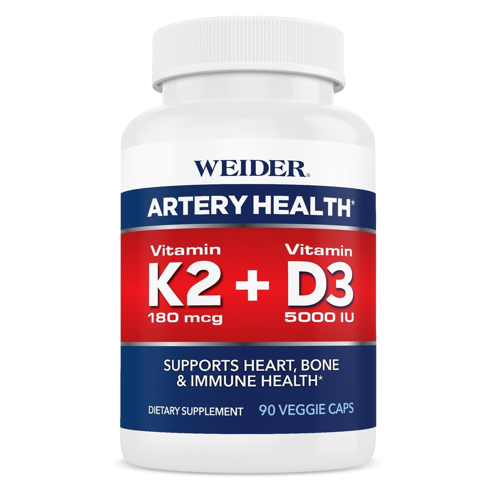 Weider Artery Health Supplement, Vitamina K2 (180mcg) & Vitamina D3 (5000iu), 90 Capsule Veggie