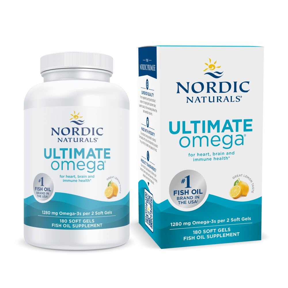 Nordic Naturals Ultimate Omega, Lemon Flavor - 180 Soft Gels - 1280 mg Omega-3 - High-Potency Fish Oil with EPA & DHA - Promovează Brain & Heart Health - Non-GMO - 90 Servings