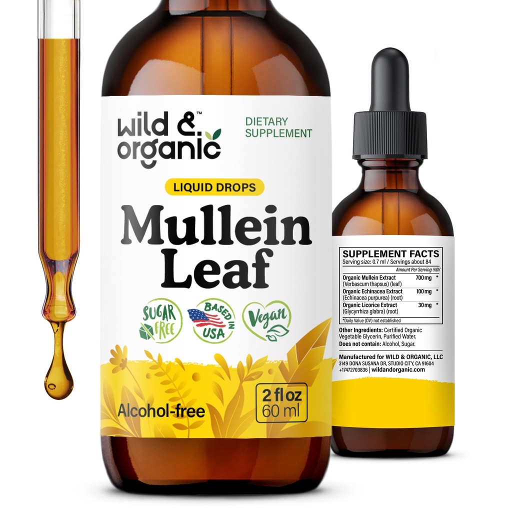 Picături sălbatice și organice de mullein pentru plămâni - Lung Detox și Cleanse - Liquid Mullein Leaf Tinctură cu Echinacea și rădăcină de lemn dulce - Vegan, Sugar & Alcool-Extract gratuit - 2 fl oz
