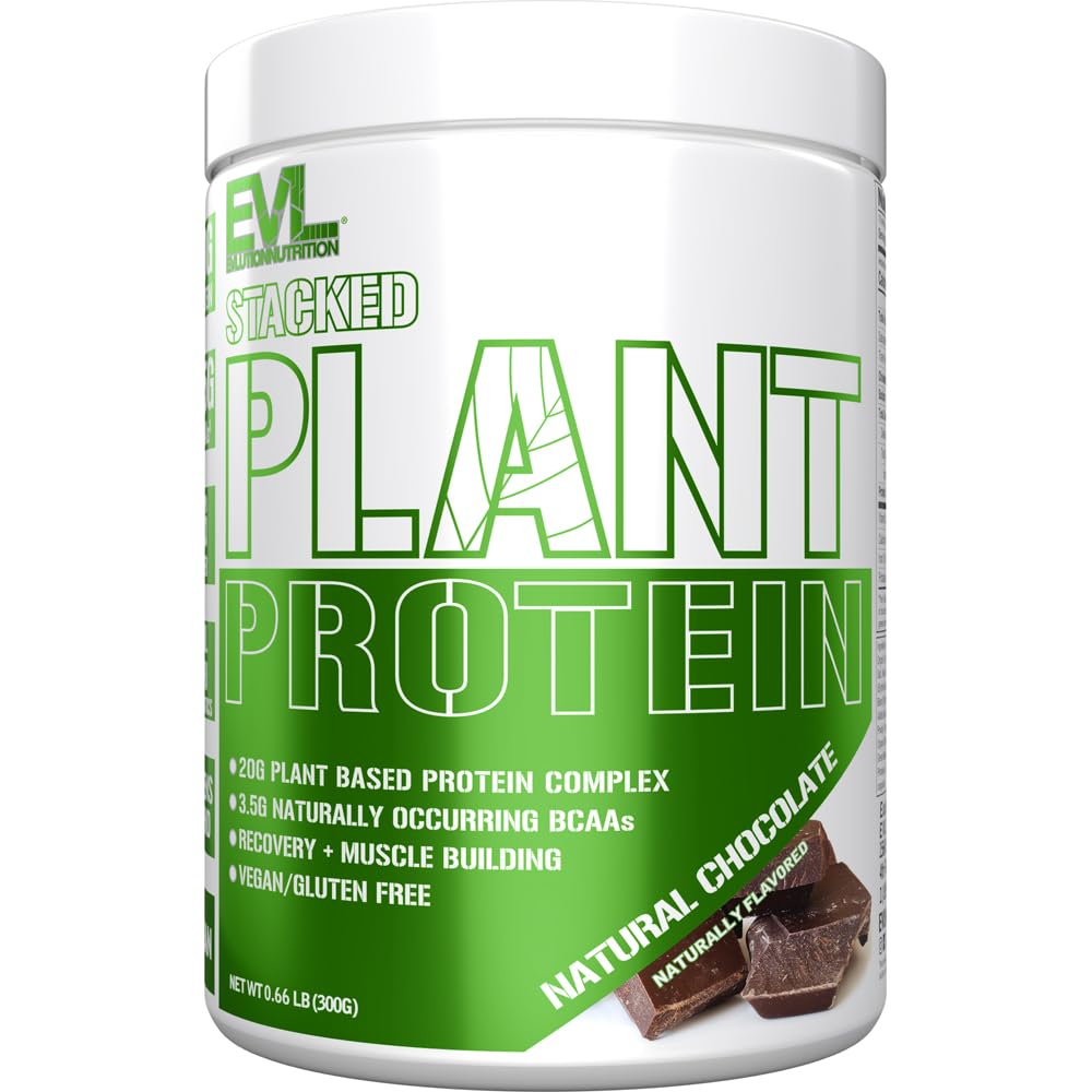 Evlution Nutrition Stacked Plant Proteine Powder, Vegan, Non-GMO, Gluten-Free, Probiotice, BCAAs, Fiber, Complex de Proteina de bază de plante, 300G (Ciocolata naturala)