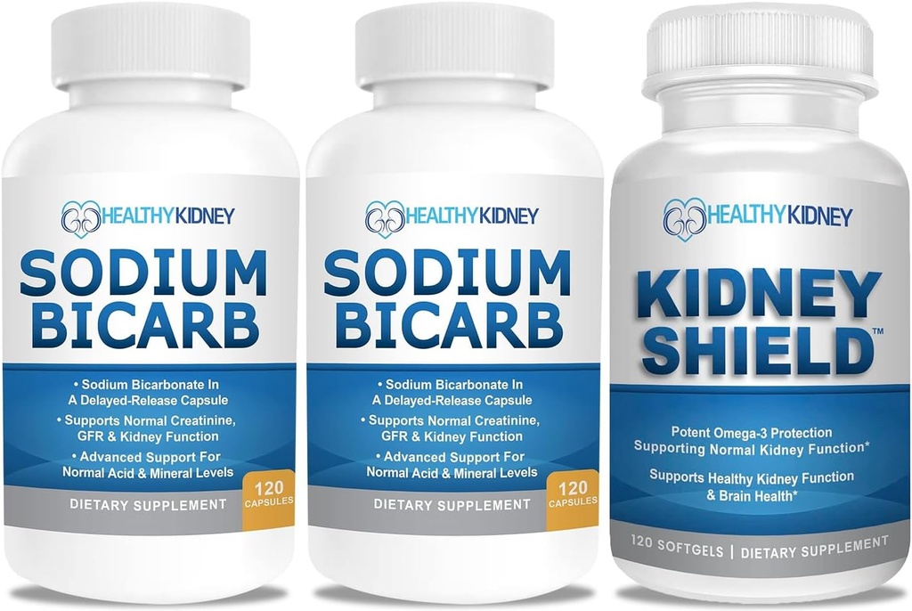 Bicarbonat de sodiu 650 mg Capsule pentru Relief Acid, Alcalinitate 120 Pastile 2- Pack + Shield renal 120 Capace Rinichi Supliment pentru a sprijini funcţia renală normală