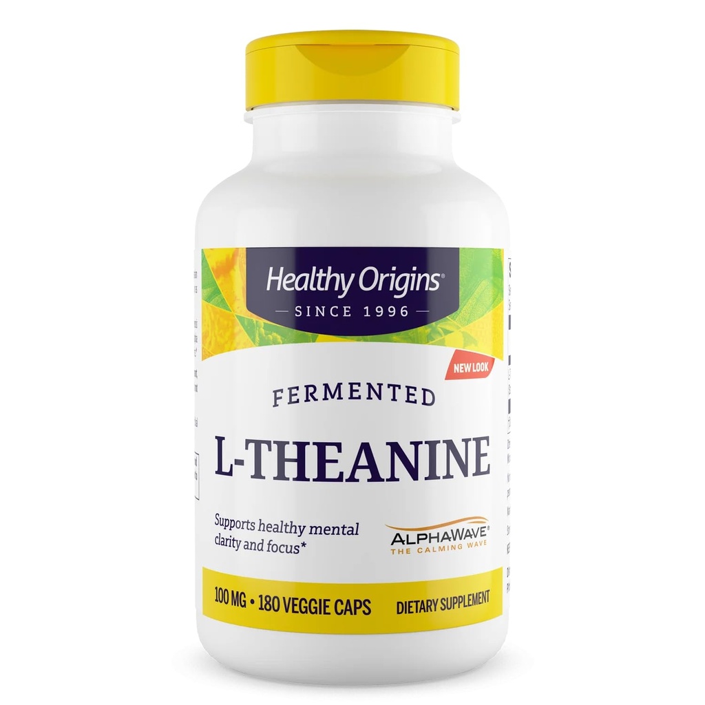 Origini sănătoase L-Theanine 100 mg (AlphaWave, sprijină relaxarea fără somnolenţă, suport pentru creier, non-GMO, gluten gratuit), 180 Capace vegetale