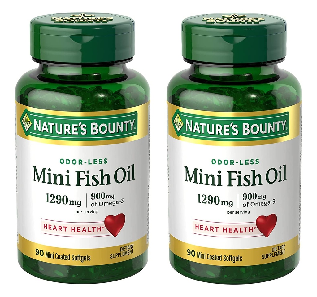 Nature's Bounty Mini Fish Oil Softgels 1290 mg, Omega-3, Susţine Heart Health, Odor-Less, 90 Mini Smallgels - Pachet de 2