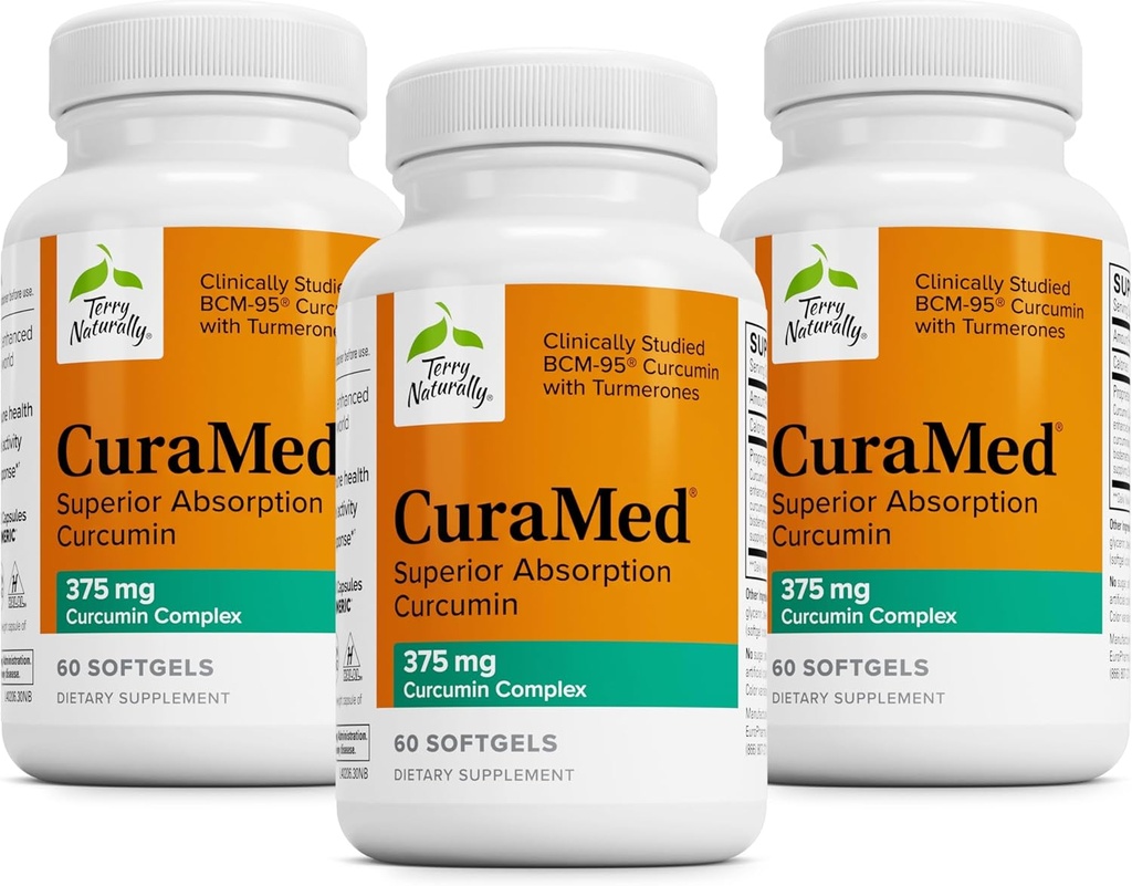 Terry Natural Curamed 375mg - Supliment antioxidant pentru Brain & Imun - Supliment alimentar cu Curcumina si ulei esential Turmeric - Suport hepatic Herbal - 60 Softgels (Pachet de 3)