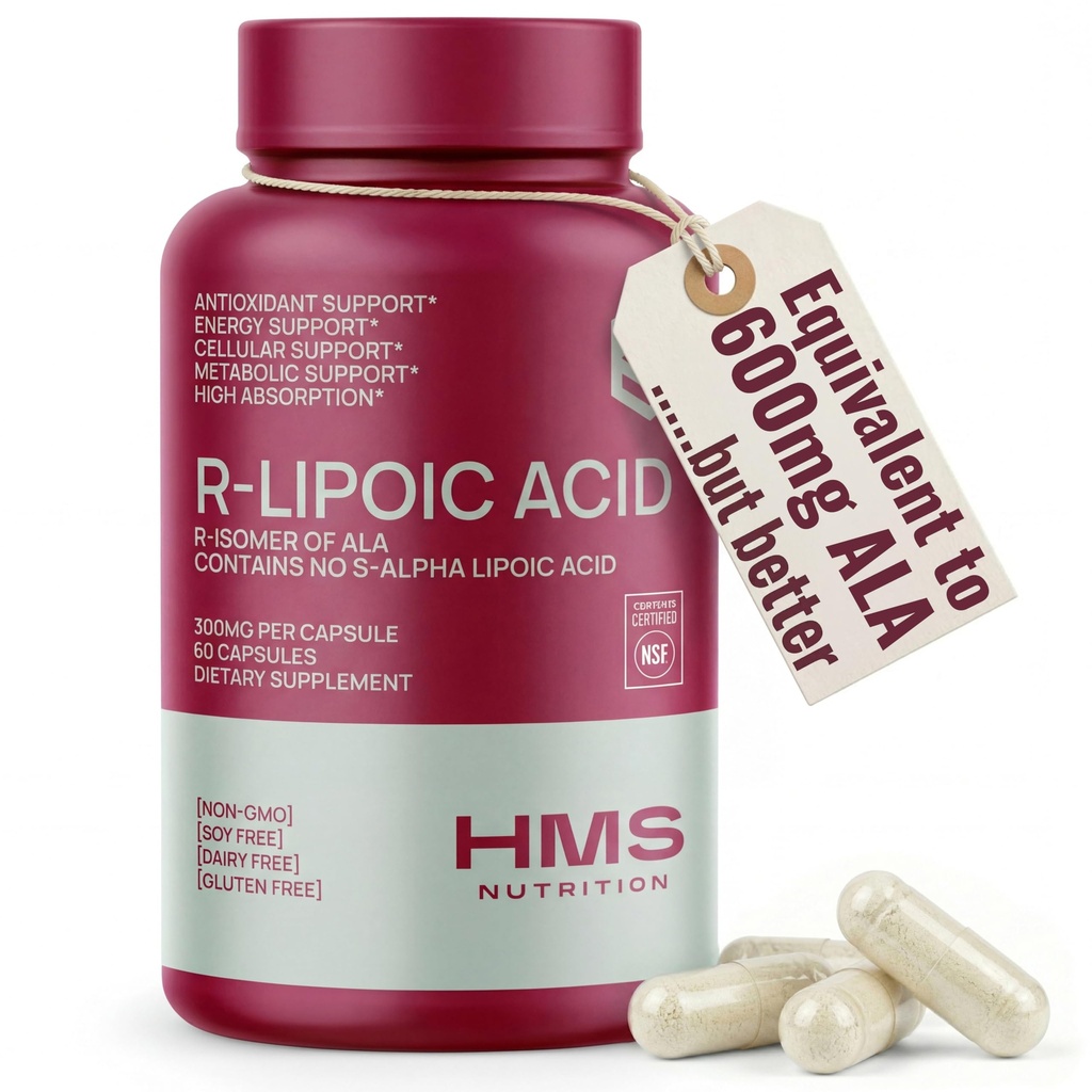 Acid R-Lipoic stabilizat 300mg Per Serving, R Alpha Acid lipoic ALA Supliment antioxidant pentru nervi, energie și suport metabolic, NSF Suplimente certificate, non-GMO & Vegan,60 capsule, 2 luni de aprovizionare