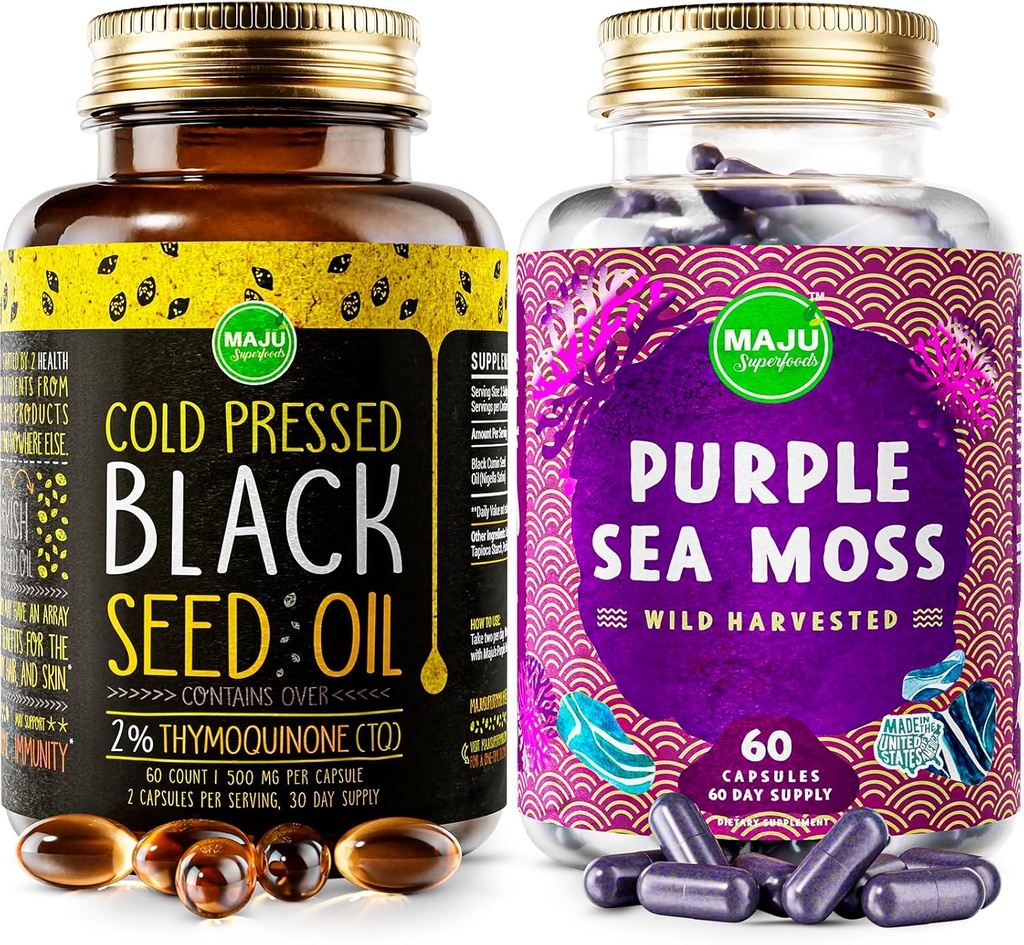 Maju Superfoods Capsule de ulei de semințe negre și capsule de Moss de mare violet Bundle