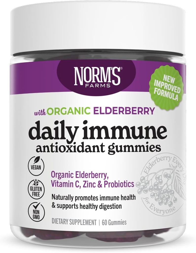 Norm's Farms Organic Elderberry Gummies - Daily Immune Support for Adults & Kids with Zinc, DE111 Probiotic, Vitamina C - Made in USA, 3rd Party Tested - Vegan, Gluten-Free, Kosher, Non-GMO, 60 Gummies