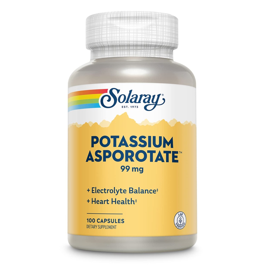 Solaray Potasiu Asporotat Suplimentul Chelated, Electrolit Echilibru & Heart Health Support, 100 Serviri, 100 Capsule