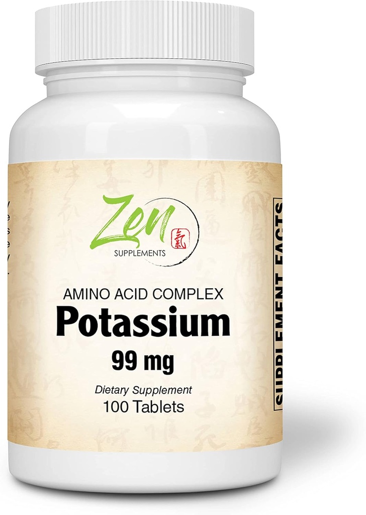 Suplimente Zen - Potasiu 99 mg (Aminoacid) 100-Tabs - Fluid & Electrolit Echilibru Formula - Inima, Nervi si Muscular Function Support