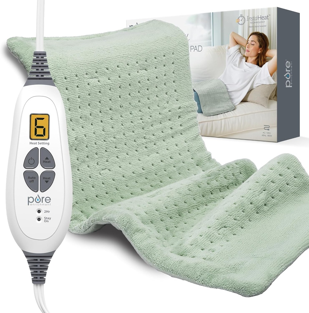Pure Enrichment PureRelief XL Pad de încălzire - 12" x 24" Pad de încălzire electrică pentru dureri de spate & cramps, 6 Setări de căldură, FSA/HSA eligibile, moale ţesătură de spălare a mașinilor, Auto-Off & Căldură umedă (Zen Green)