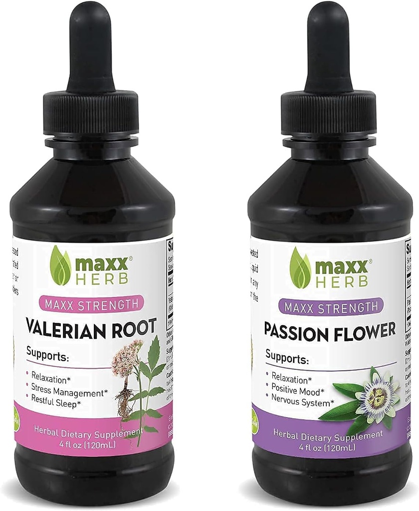 Bundle somn mai bun - Maxx Herb Extract de flori de pasiune + extract de root valerian - pentru relaxare și managementul stresului, alcool-free - (1 fiecare) 4 Oz sticla (60 serviri)