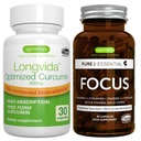 Curcumin 500mg Longvida hidrolizat + Focus Brain Booster Vegan Bundle, Ultra Biodisponibil Curcumin + Cafeină, L-Theanină, Taurină & L-Tyrosine, B-Vitamins, Zinc & Copper, de Igennus