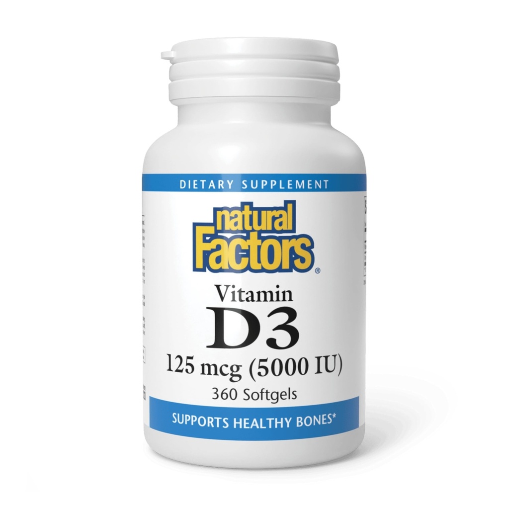 Factori naturali, vitamina D3 5000 UI (125 μg), susţine oasele puternice, muşchii şi funcţia imună, 360 Softgels