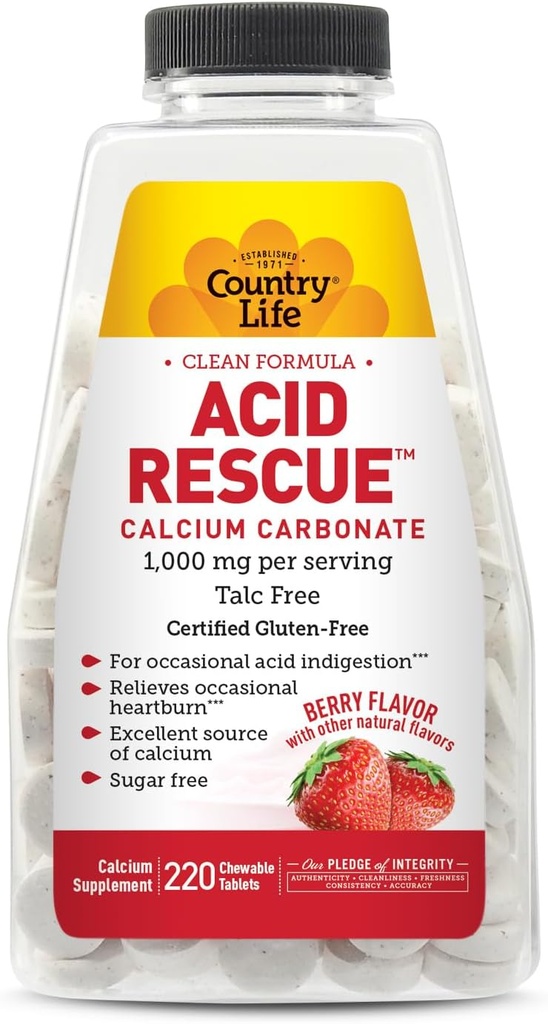 Country Life Acid Rescue Tablete masticabile - Certified Vegan & Gluten-Free Arsuri la stomac, 400mg Calciu & Magneziu, Non-GMO, Sugar-Free Mint Flavor, Suportă sănătatea osoasă, 220 Conte