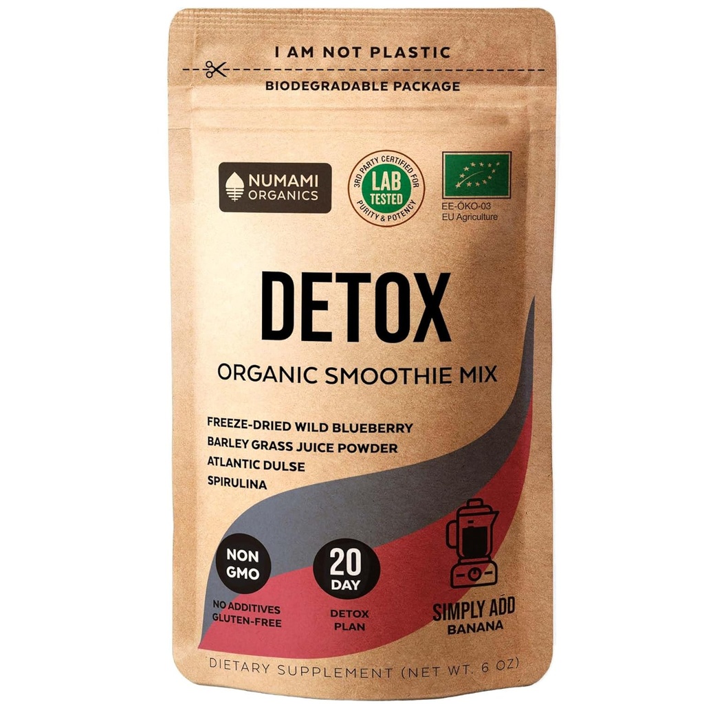 Numami Organic Detox Blueberry Smoothie Powder cu Spirulina sanatoasa, Atlantic Dulse si Barley Grass Juice Powder, Superfood de calitate premium din Europa