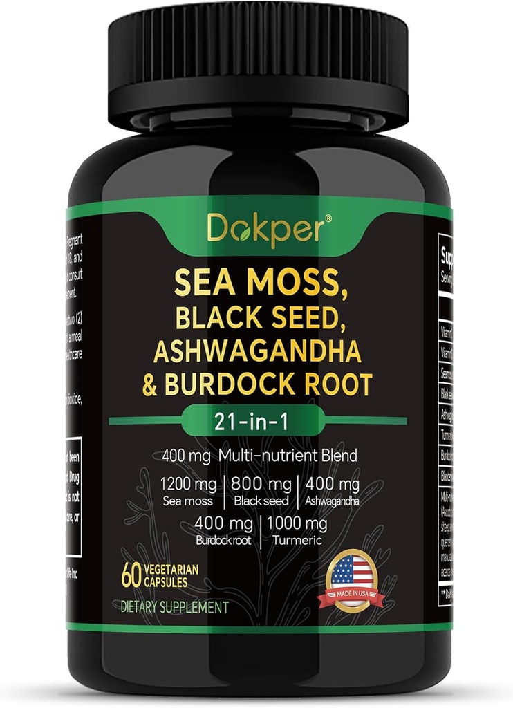 Sea Moss, Ashwagandha, Black Seed Oil Supplement, Vitamina C & D3 cu Turmeric, Bladderwrack & Brodock Root, Natural Herbal Support pentru bărbați și femei 60 capsule, Suplimente dietetice, Pachet de 1