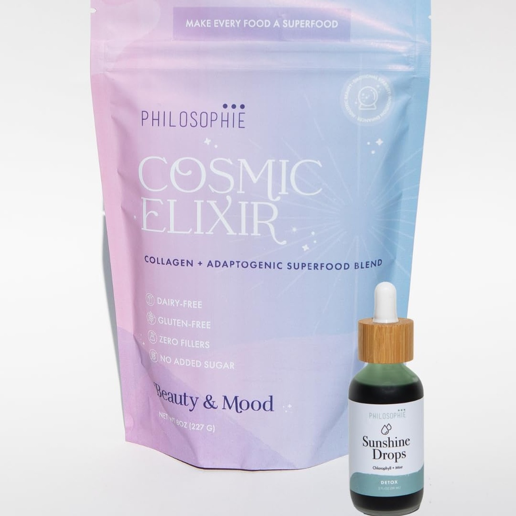Philosophie Sunshine Drops & Cosmic Elixir Bundle - Clorofila lichida si Superfood Powder Blend - Toate plantele naturale-Based 2pack